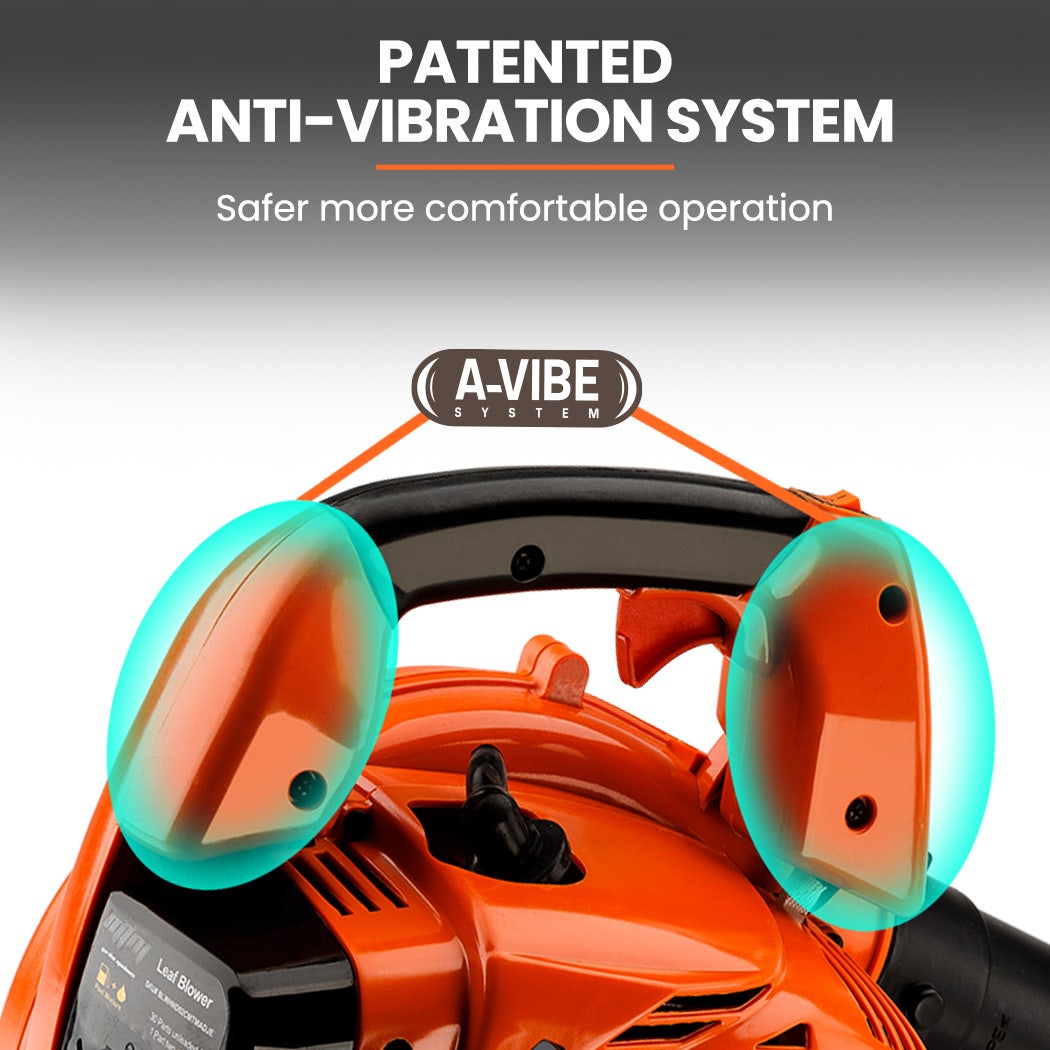 Leaf blower showing anti-vibration system pads around the handle area