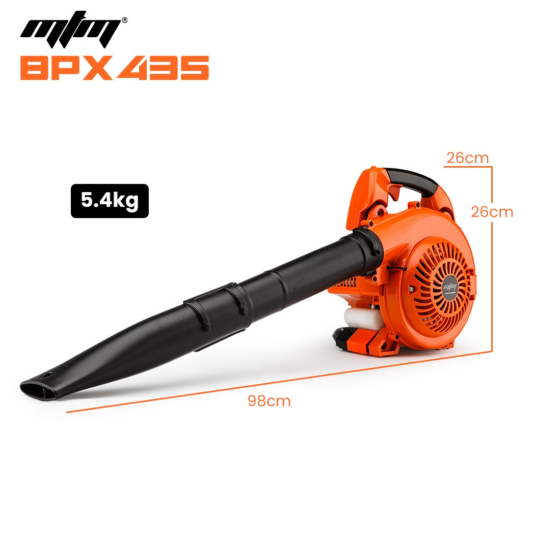 Orange handheld leaf blower with black air tube and compact size profile