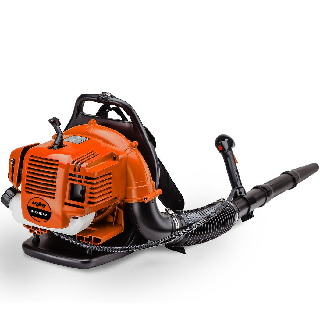 Orange backpack leaf blower with curved nozzle and long flexible air hose