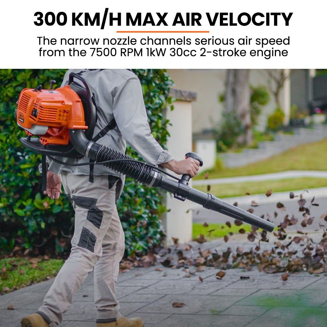 Orange backpack leaf blower with long blower tube and handheld nozzle