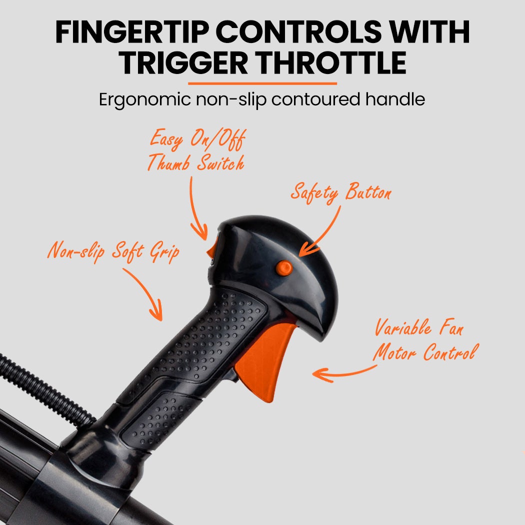 Orange-and-black leaf blower trigger handle with contoured grip