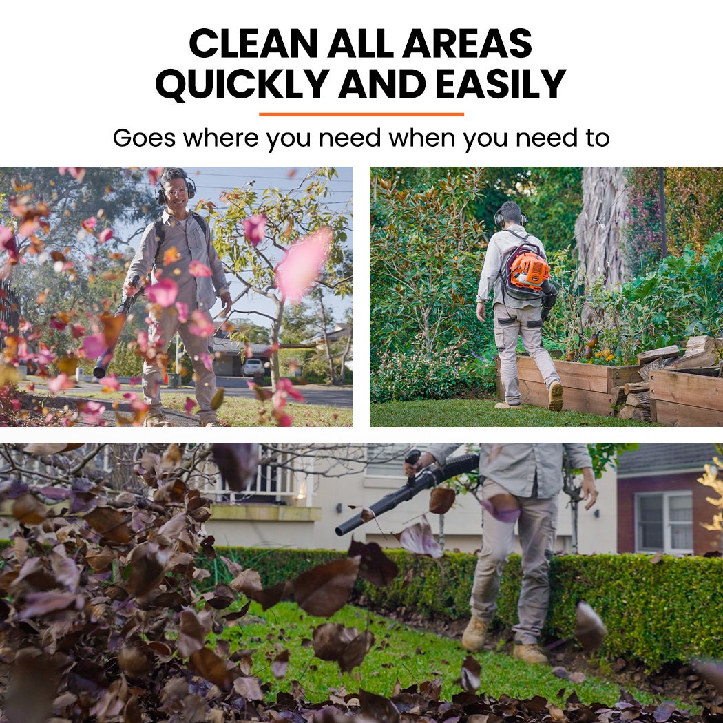 Orange backpack leaf blower with extended tube for quick yard cleanup