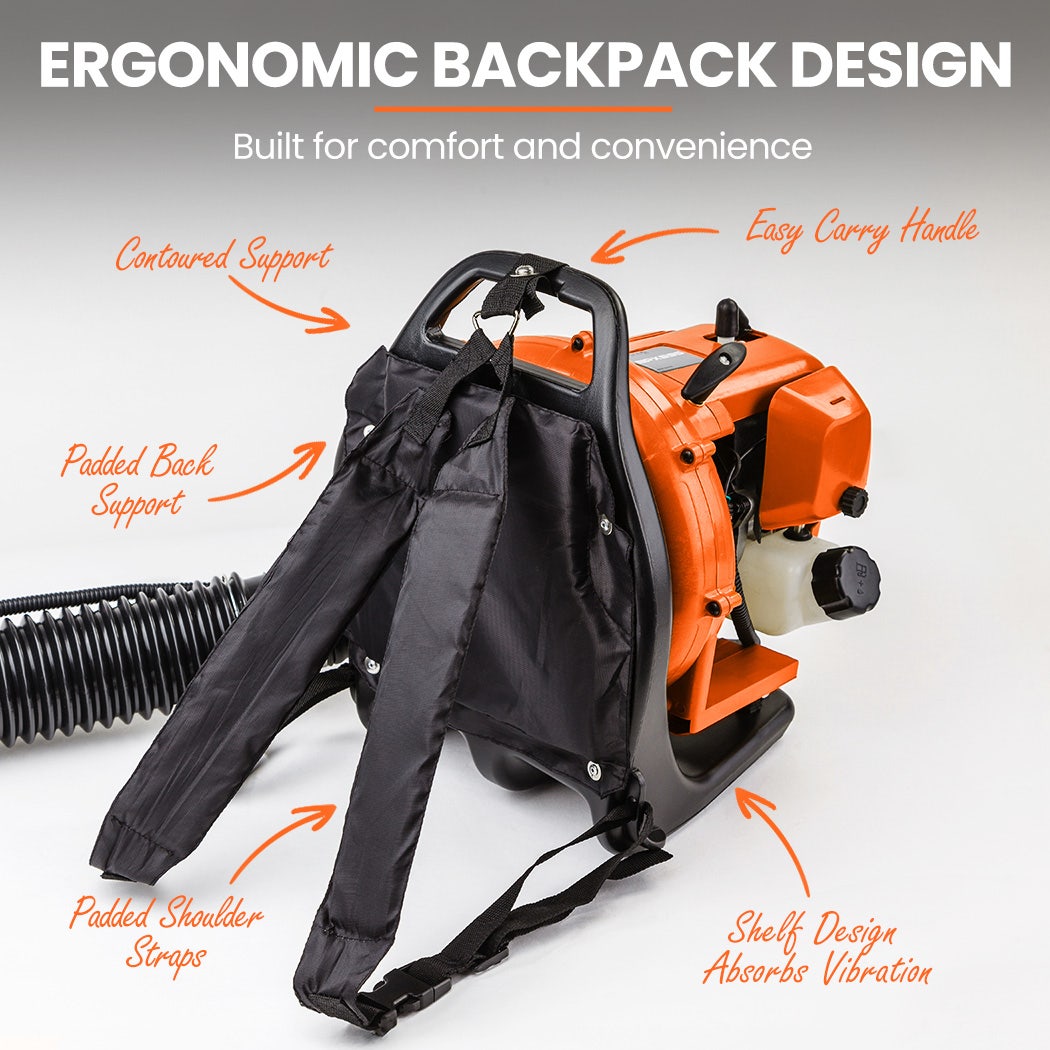 Orange backpack leaf blower with padded shoulder straps and carrying handle
