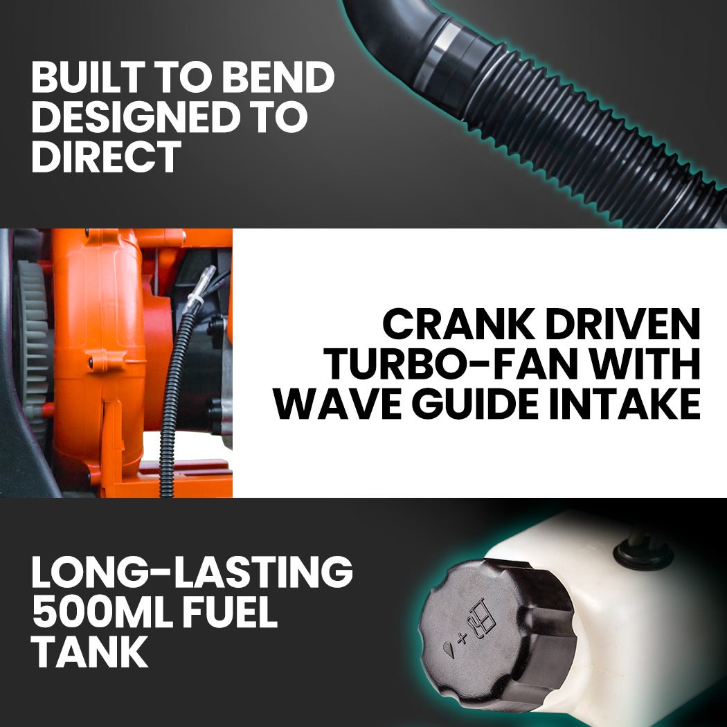 Close-up of backpack leaf blower intake hose and fuel tank cap
