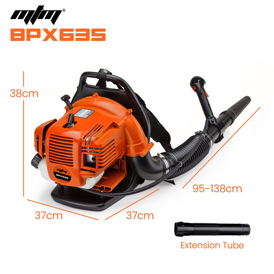 Orange backpack leaf blower with extension tube and flexible blower hose
