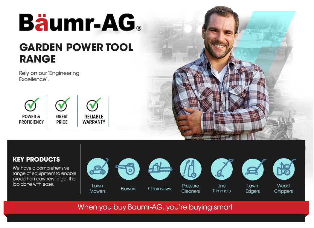 BAUMR-AG garden power tool range promotional graphic with smiling man and icons
