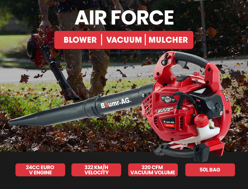 BAUMR-AG red blower vacuum mulcher tool with long black intake nozzle on leaves