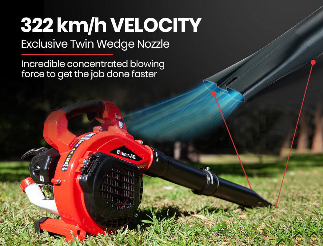 BAUMR-AG leaf blower with red engine unit and extended black nozzle tube