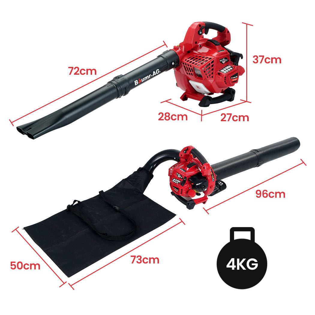 BAUMR-AG blower vacuum with red engine, black tubes, and collection bag size diagram