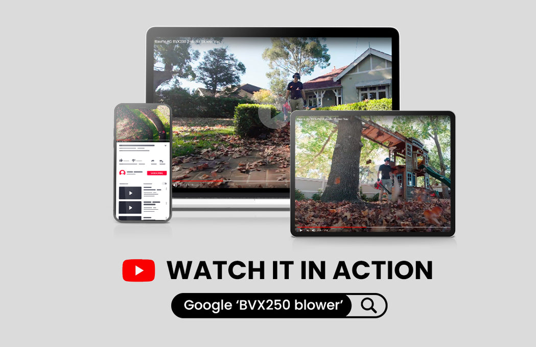 BAUMR-AG blower video promotional graphic with devices showing outdoor yard footage
