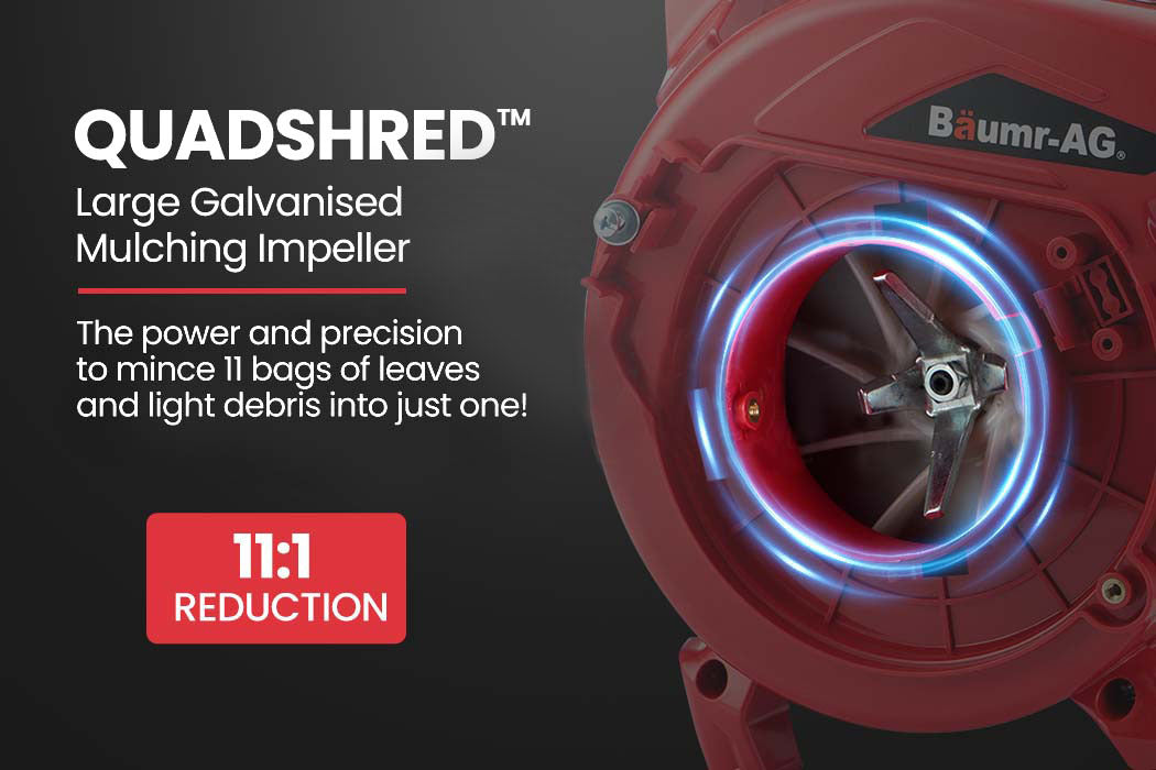 BAUMR-AG mulching impeller housing on red blower with close-up fan opening
