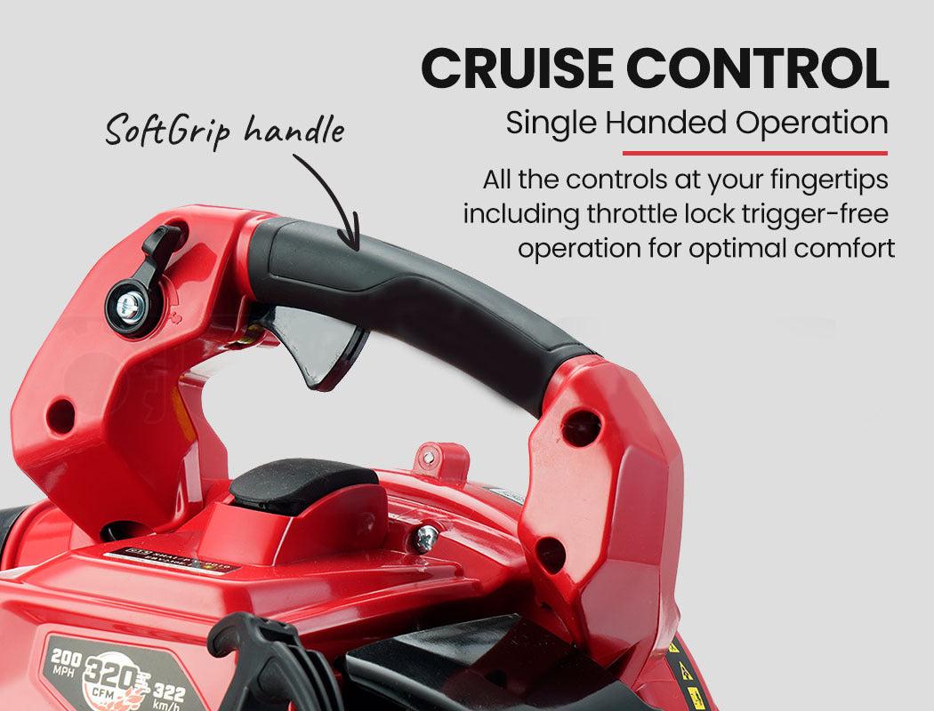 BAUMR-AG red blower handle close-up with SoftGrip grip and control levers