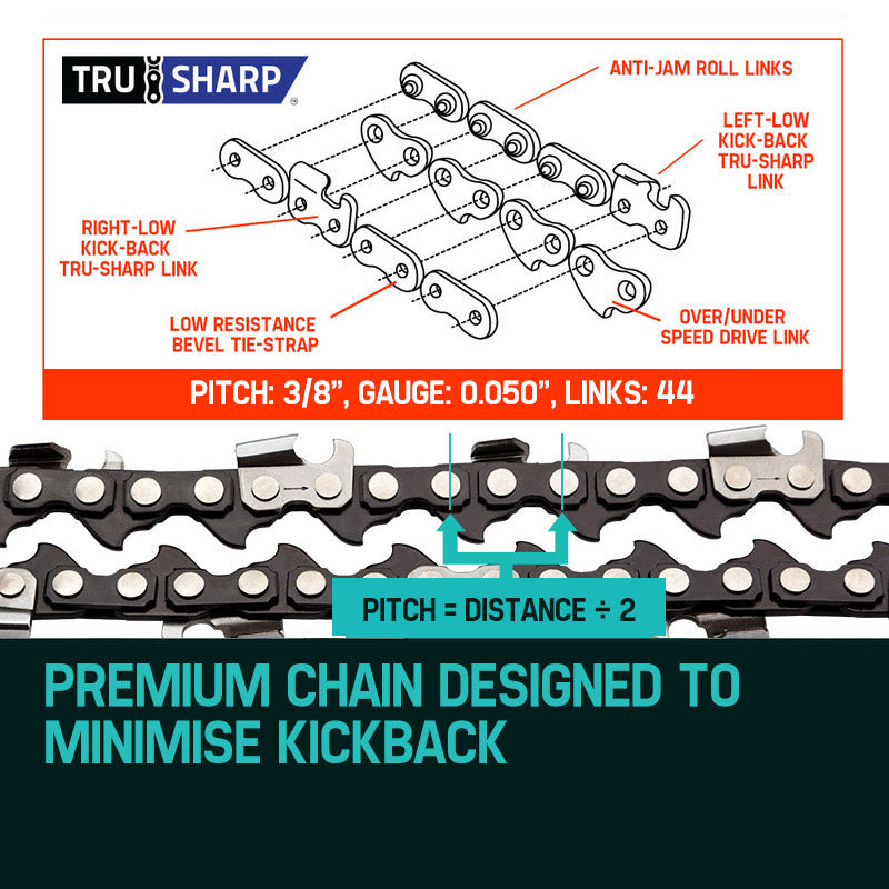 Chainsaw chain bar replacement links with metal cutter teeth and drive sprocket points.