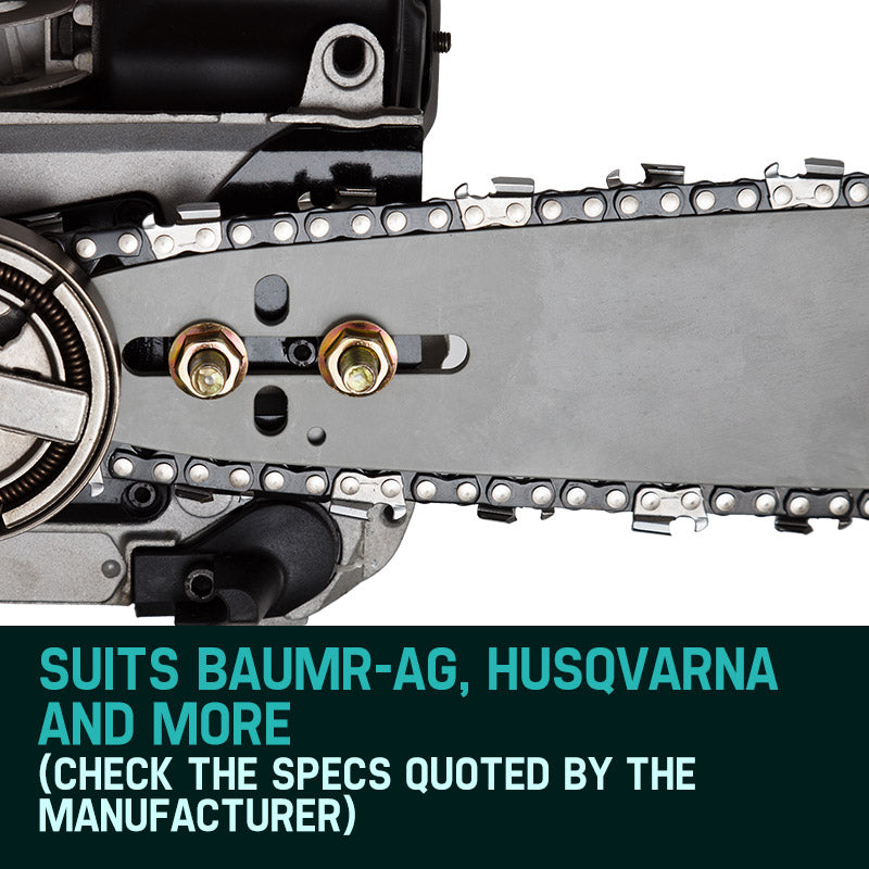 Chainsaw chain detail with cutter links and bar mounting section, black and silver.