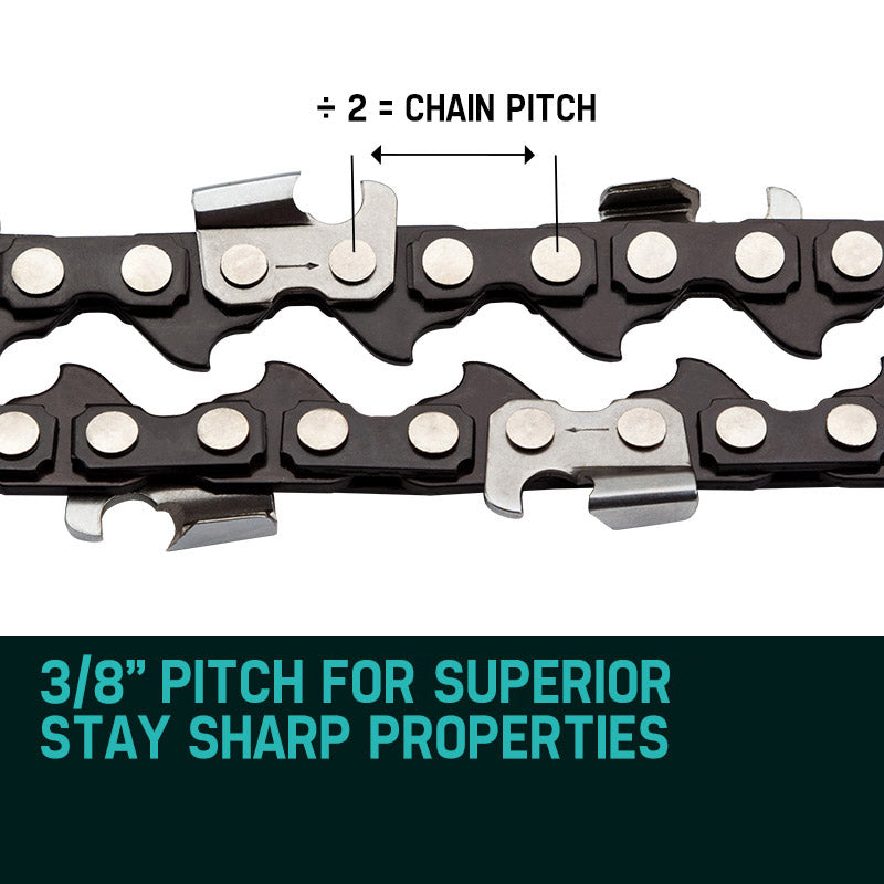 Chainsaw chain cutter teeth profile, black links with silver cutting segments.