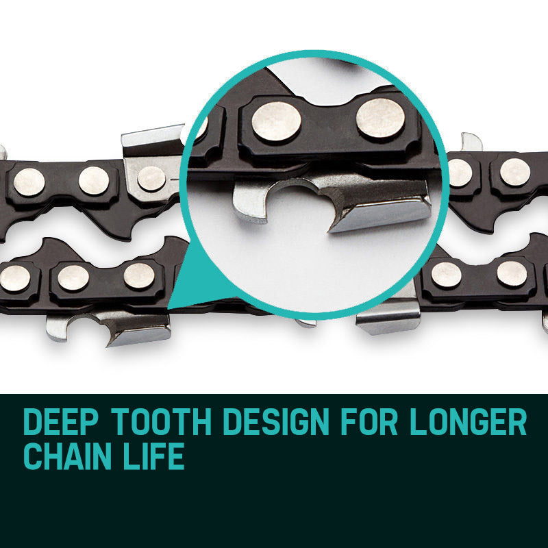 Chainsaw chain depth-tooth area, black links with silver cutters.