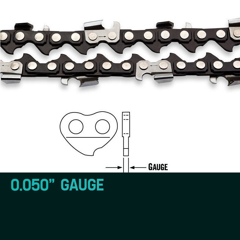 Chainsaw chain links shown side view, black and silver with gauge reference.