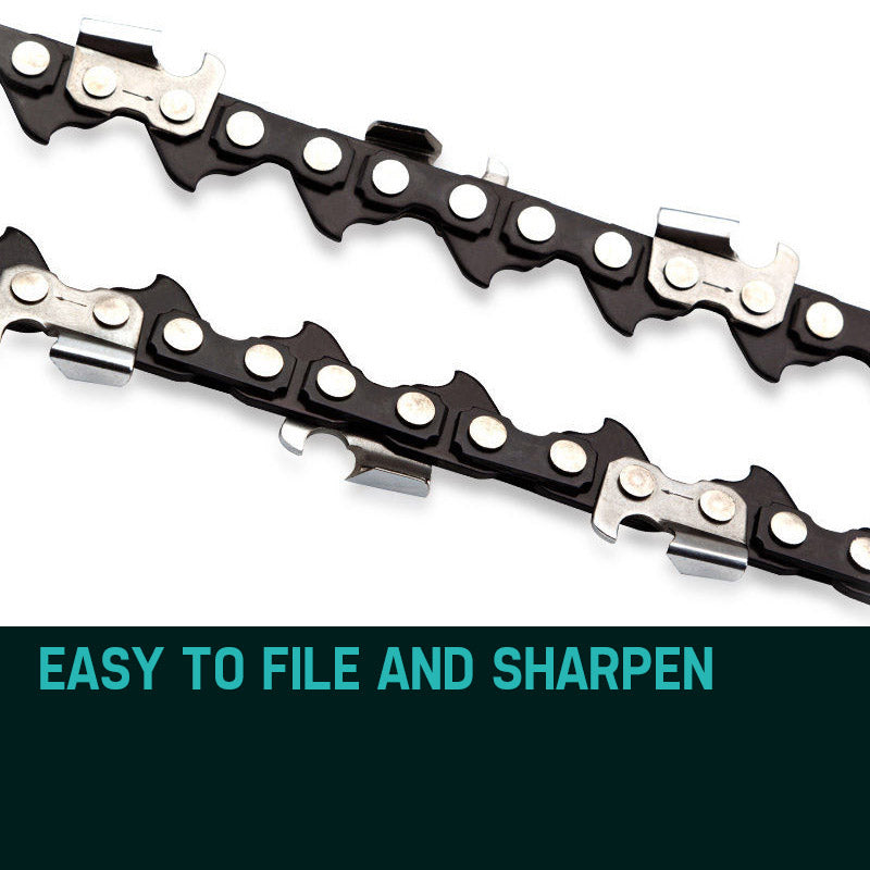 Chainsaw chain with alternating cutter and drive links, black and silver.
