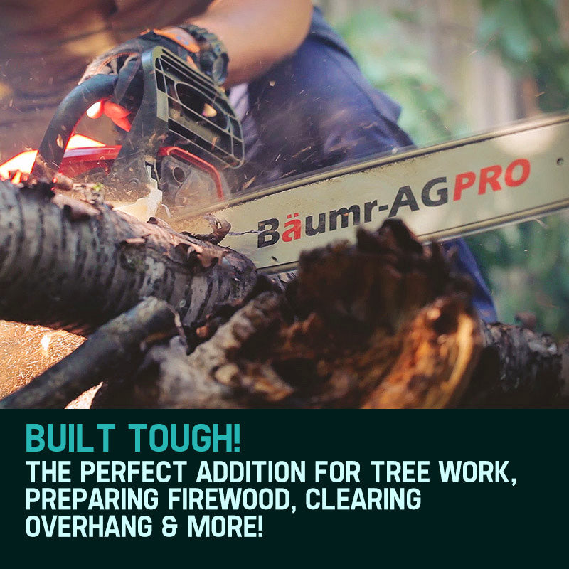 BAUMR-AG chainsaw bar and chain cutting wood, orange sparks.