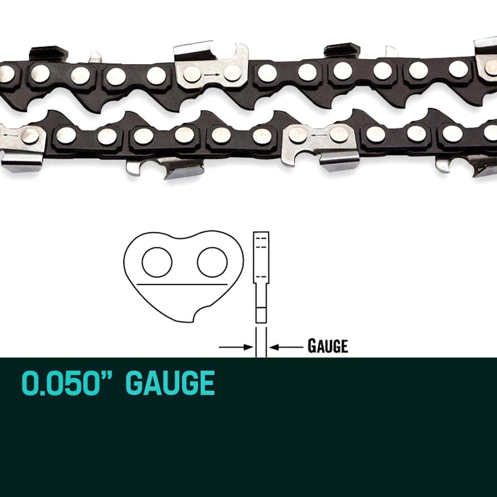 Chainsaw replacement chain links with cutting teeth and alternating steel colors