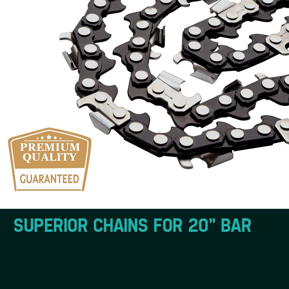 Close-up of chainsaw replacement chain links, black links with silver rivets and cutters