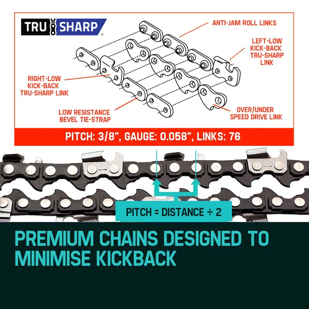Chainsaw replacement chain with cutter teeth and anti-jam roll links, black and silver