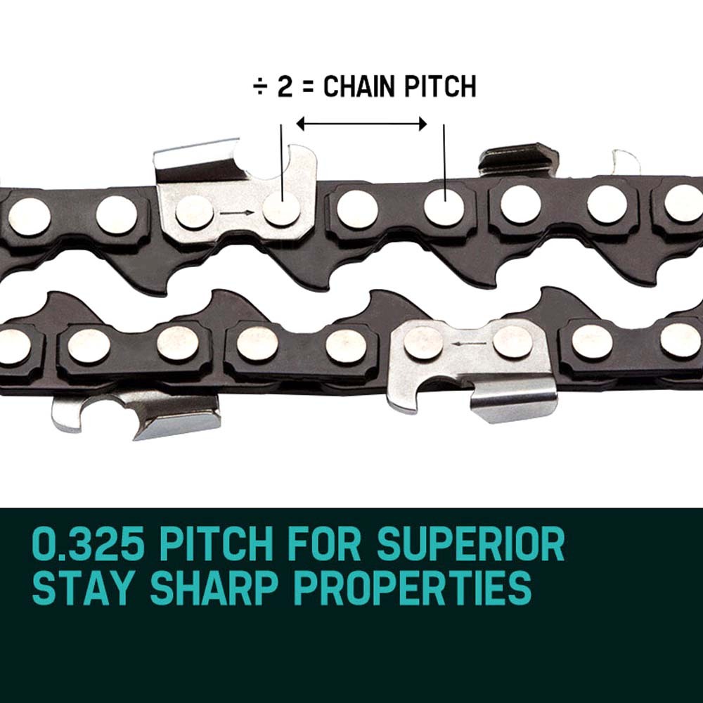 Chainsaw replacement chain showing cutter profile and spacing between teeth, black and silver