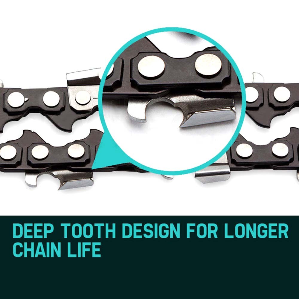 Chainsaw replacement chain close-up of cutter link area, black and silver teeth