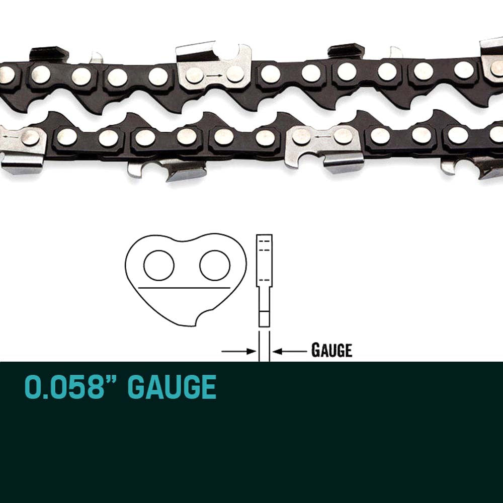 Chainsaw replacement chain with drive links and gauge markings, black and silver
