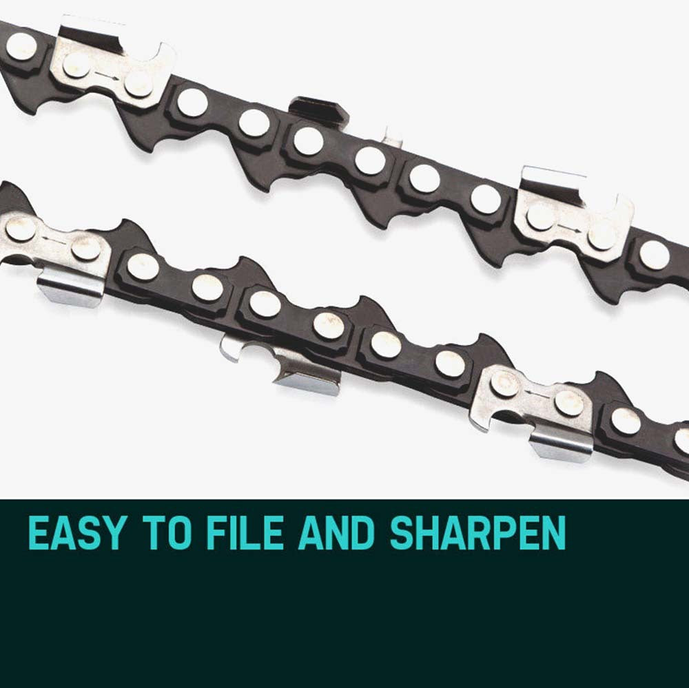 Chainsaw replacement chain with cutter teeth and guide links, black and silver