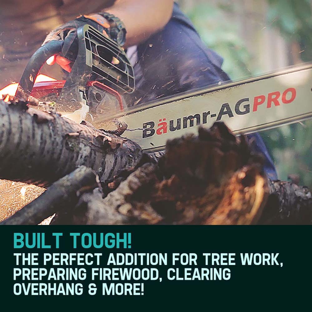 Chainsaw cutting with bar and chain, producing sawdust during tree work