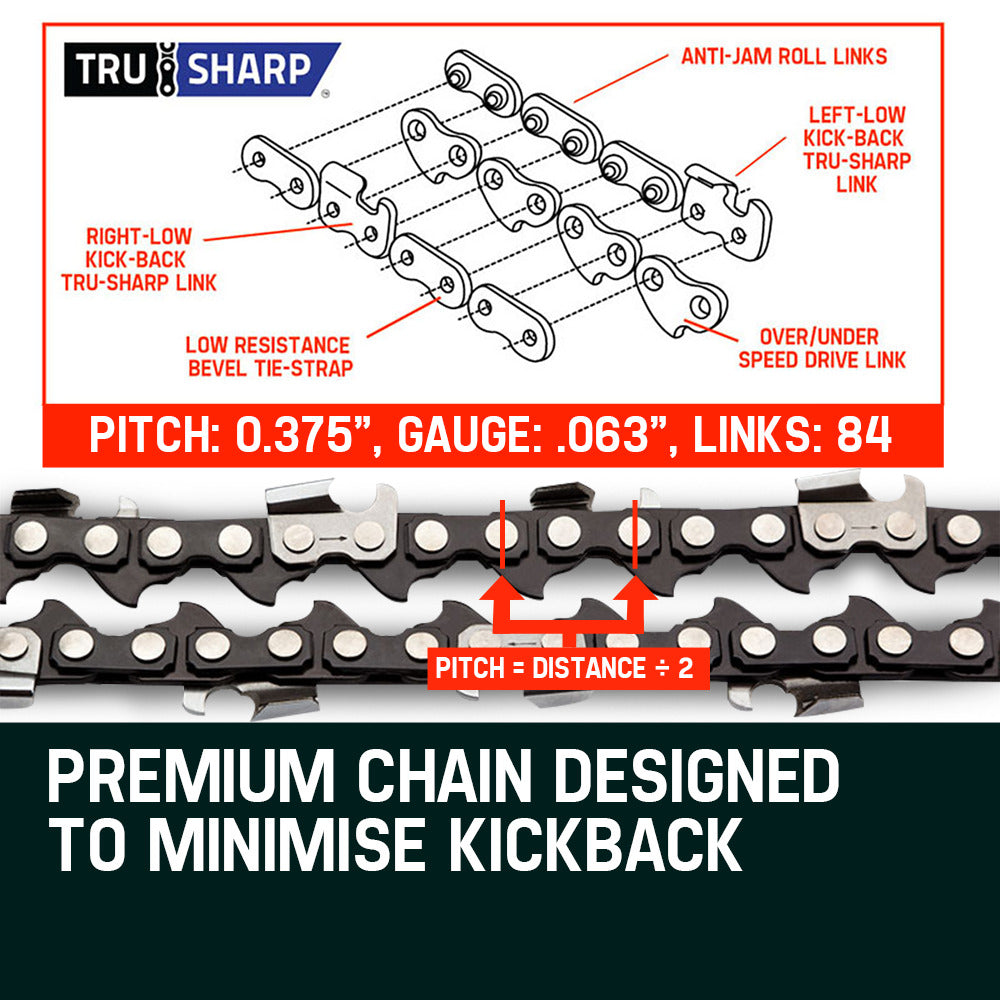 Chainsaw chain replacement with pitch 0.375, gauge 0.063, 84 links