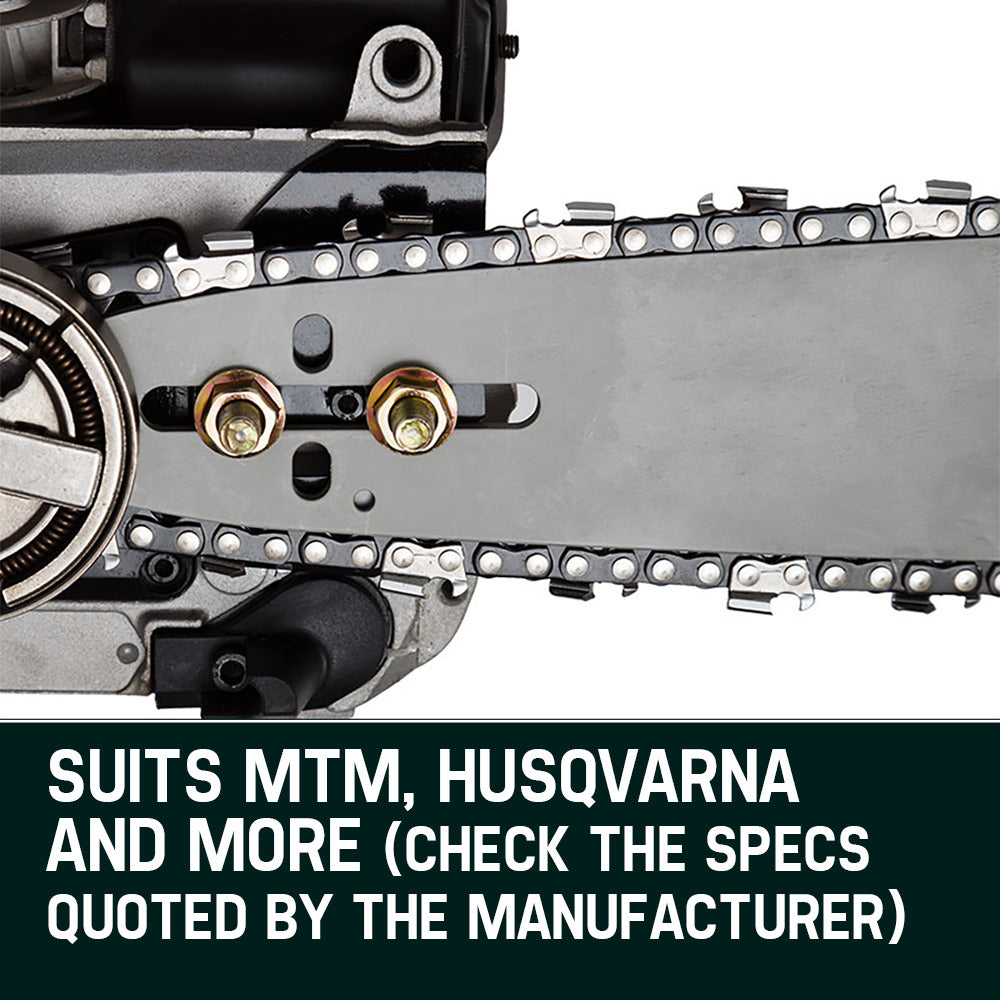 Chainsaw bar and chain assembly with metal cutters and drive links