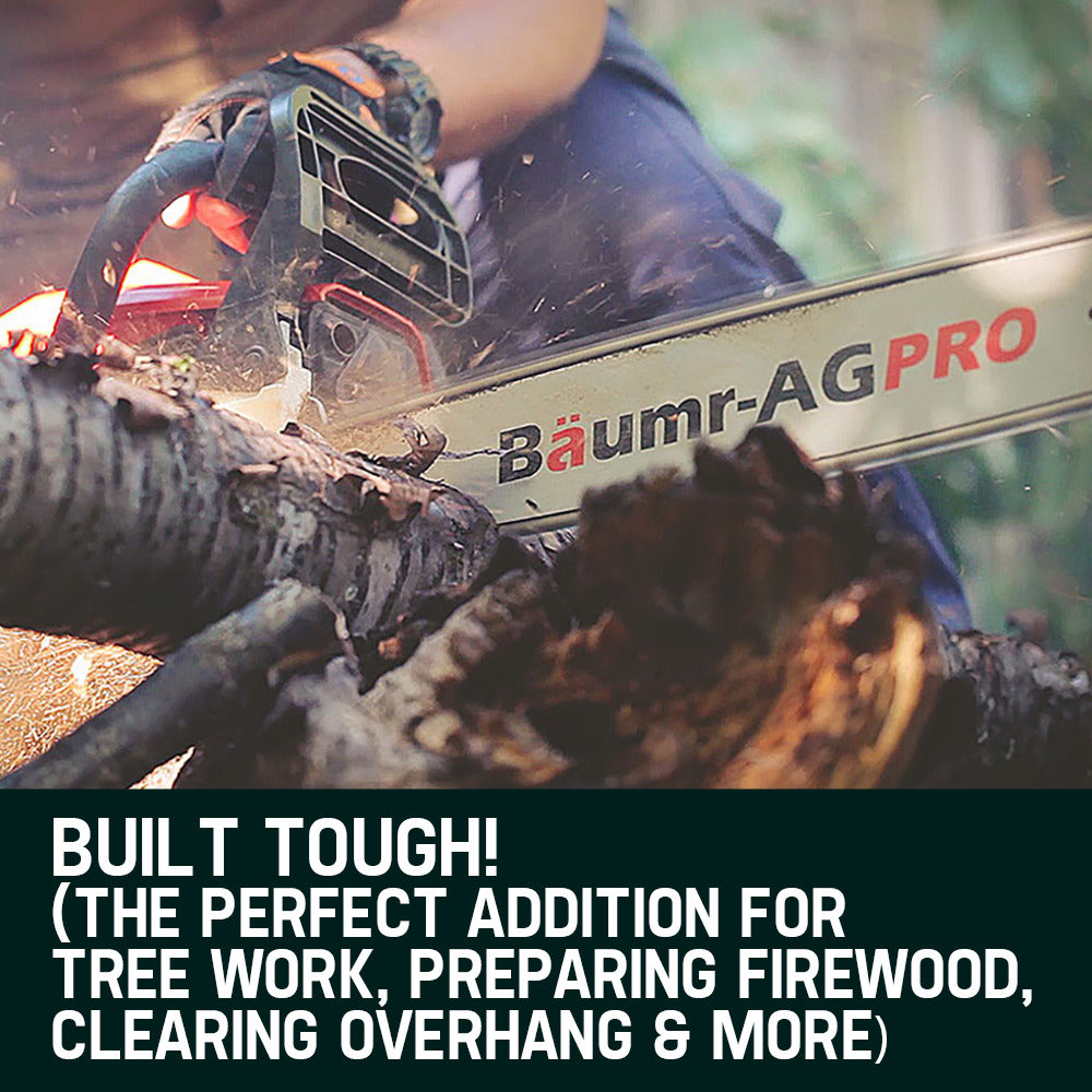 Chainsaw with Baumr-AGPRO bar and chain, cutting wood