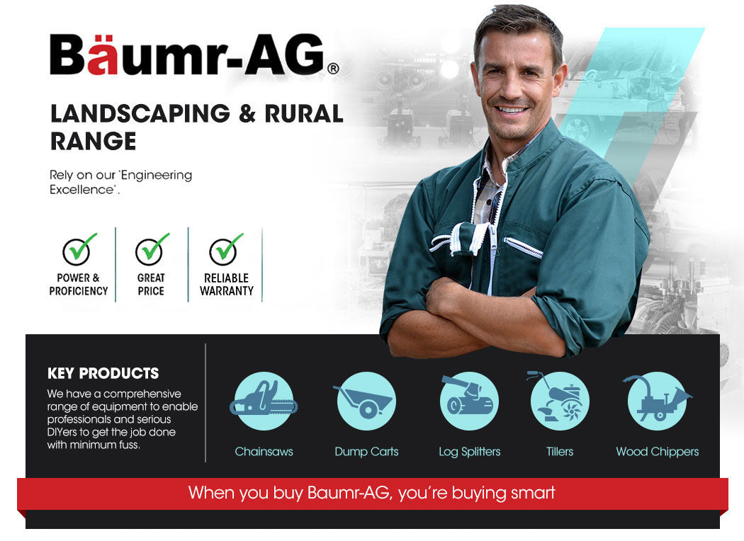 Chainsaw range promotional banner with engineer portrait and product category icons