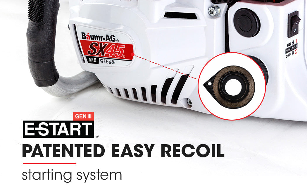 Petrol chainsaw body close-up with recoil starter area and side housing