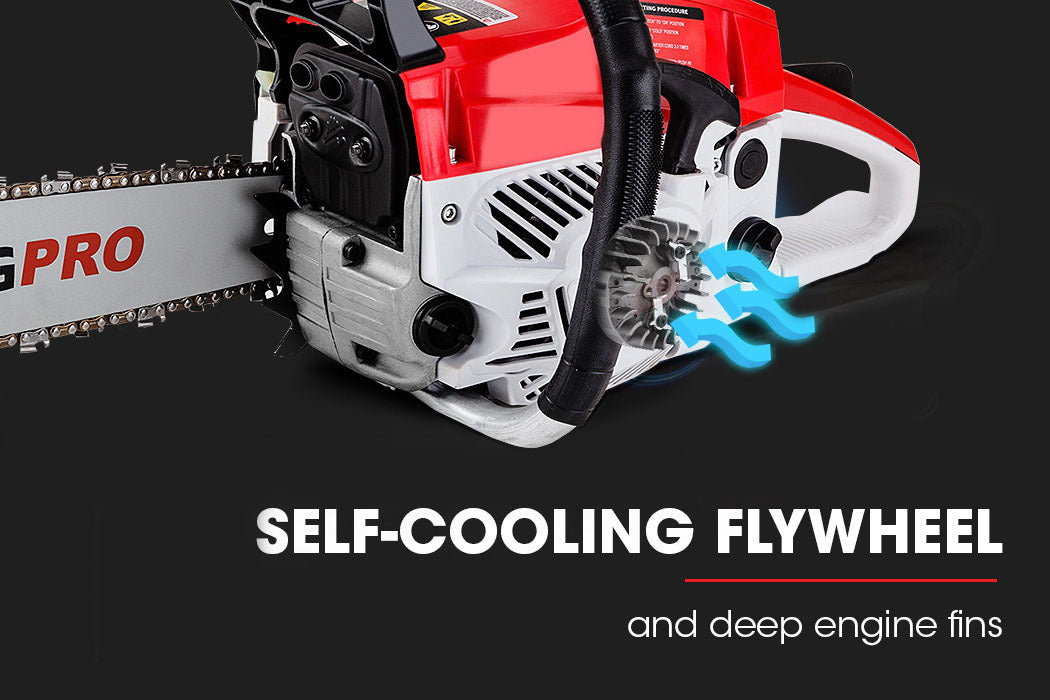Petrol chainsaw engine side with vented cooling fins and chain bar near housing