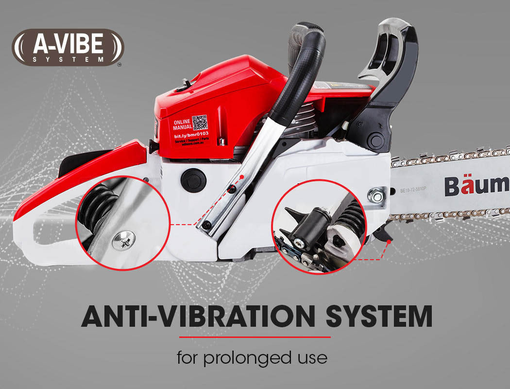 Petrol chainsaw with anti-vibration system feature on engine housing and handles