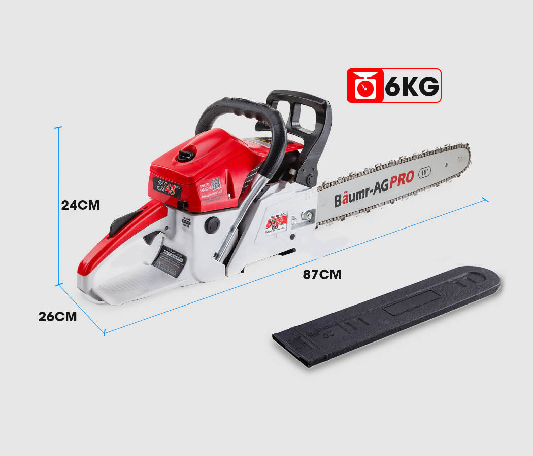 Petrol chainsaw with bar length markings, red and white body, black guide bar cover