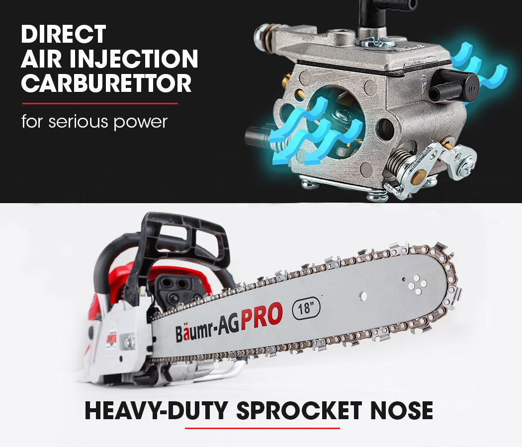 Petrol chainsaw with direct-injection carburetor close-up and full tool view