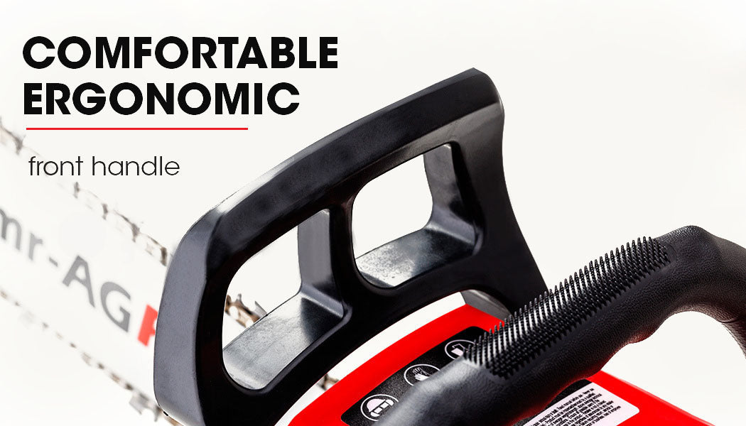 Petrol chainsaw with comfortable front handle and black grip on the body
