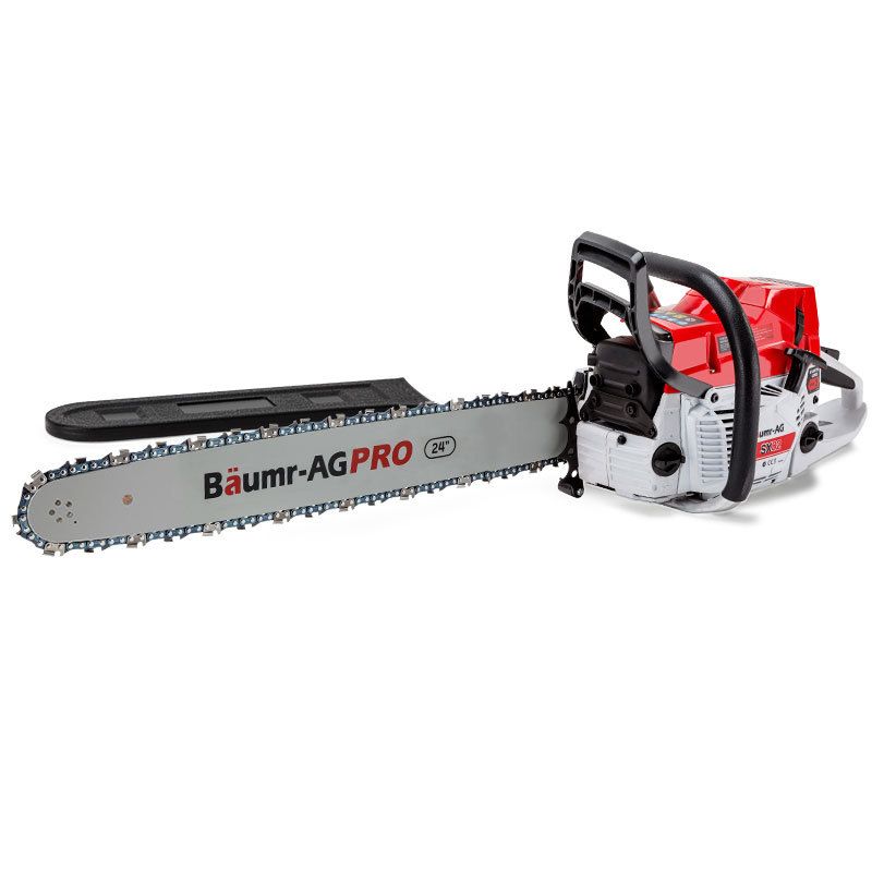 Commercial petrol chainsaw with 24 in bar, top handle, and chain drive