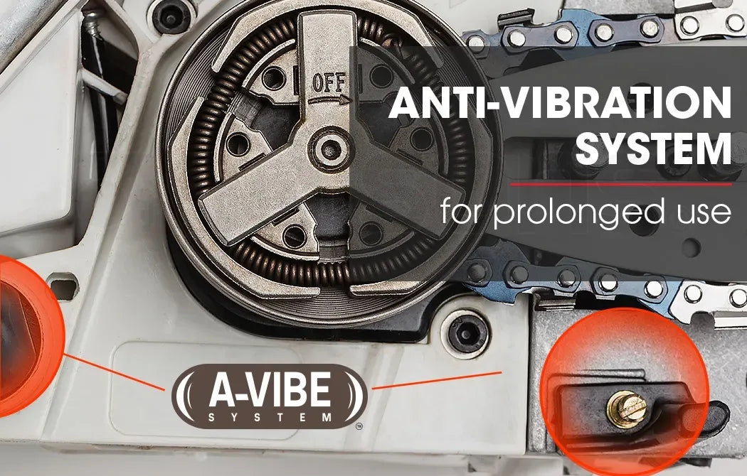 Petrol chainsaw close-up of internal anti-vibration system and control switch
