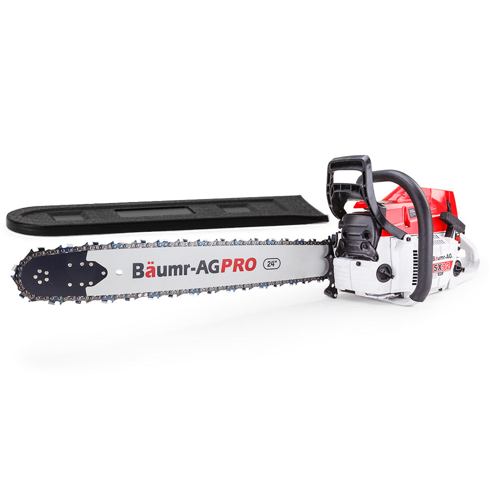 Petrol chainsaw with 24 in guide bar and top handle, red and white body