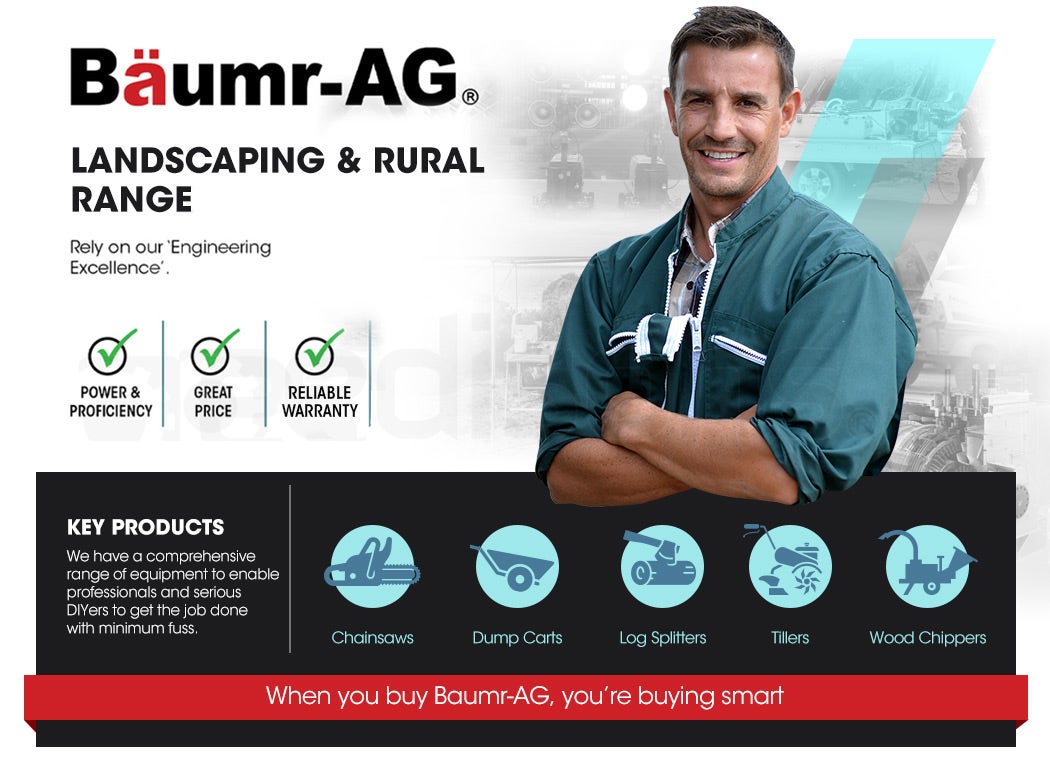 Petrol chainsaw promotional banner with person in workwear and product range icons