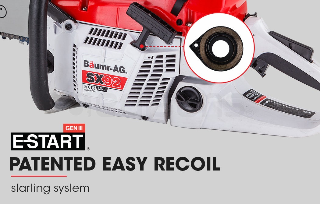 Petrol chainsaw engine housing with recoil starter, red and white body