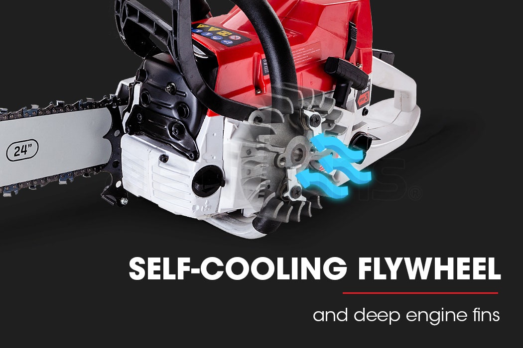 Petrol chainsaw underside showing cooling fan and deep engine fins