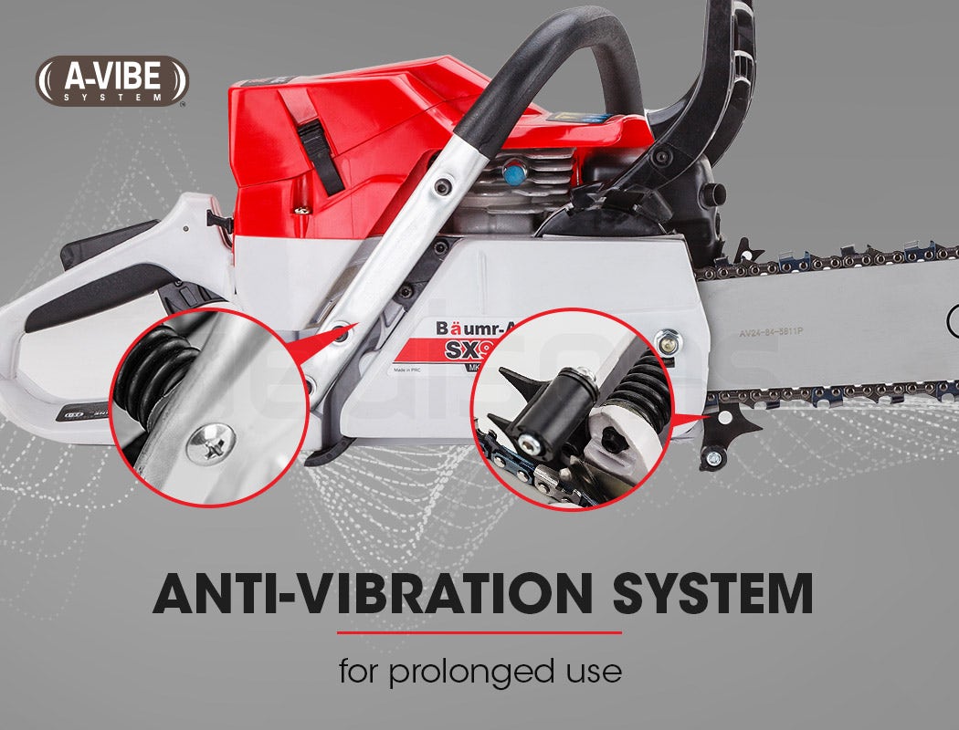 Petrol chainsaw with anti-vibration system shown on front and side covers