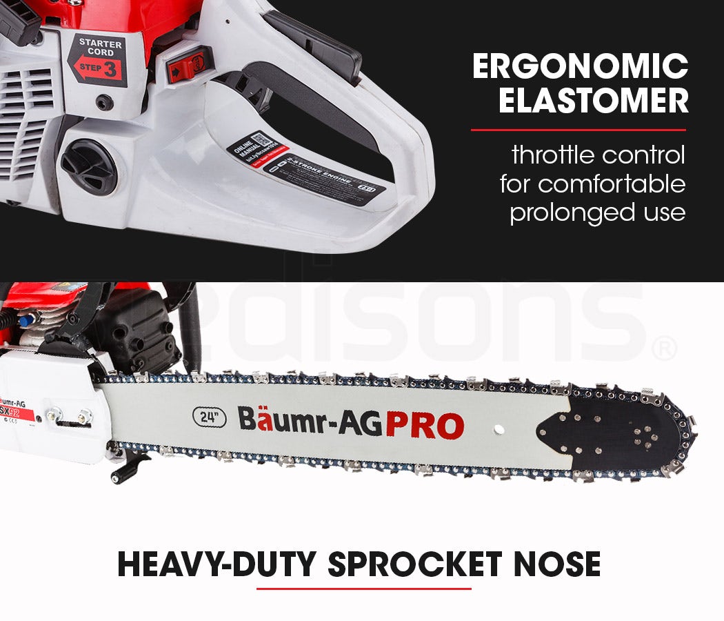 Petrol chainsaw with ergonomic elastomer handle and throttle control