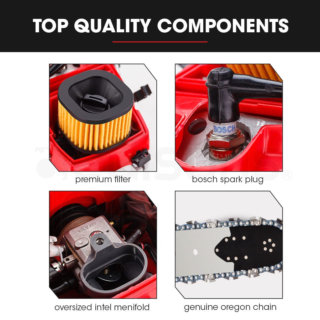 Petrol chainsaw parts collage showing air filter, spark plug, and Oregon-style chain